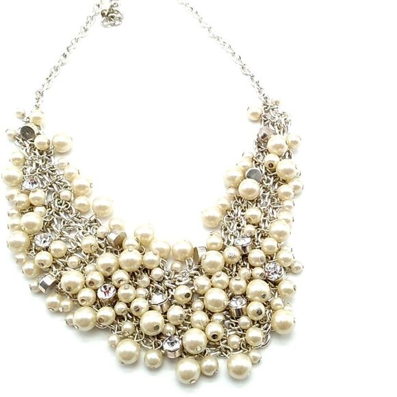 Rhinestone & Faux Pearl Cluster Bib Necklace on Silver-tone Chain - Picture 8 of 15